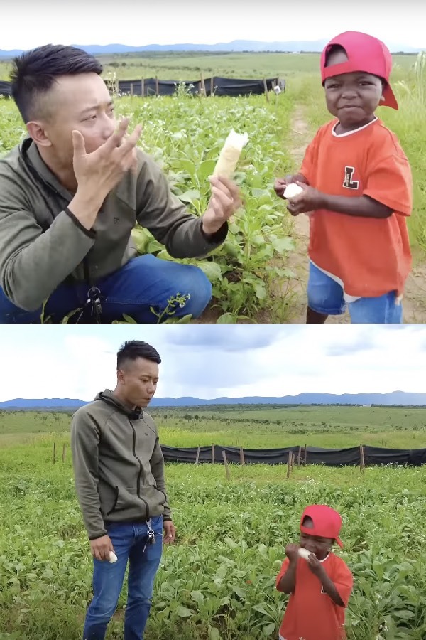  Quang Linh dẫn theo Lôi Con ra trang trại. (Ảnh: YouTube Quang Linh Vlogs)