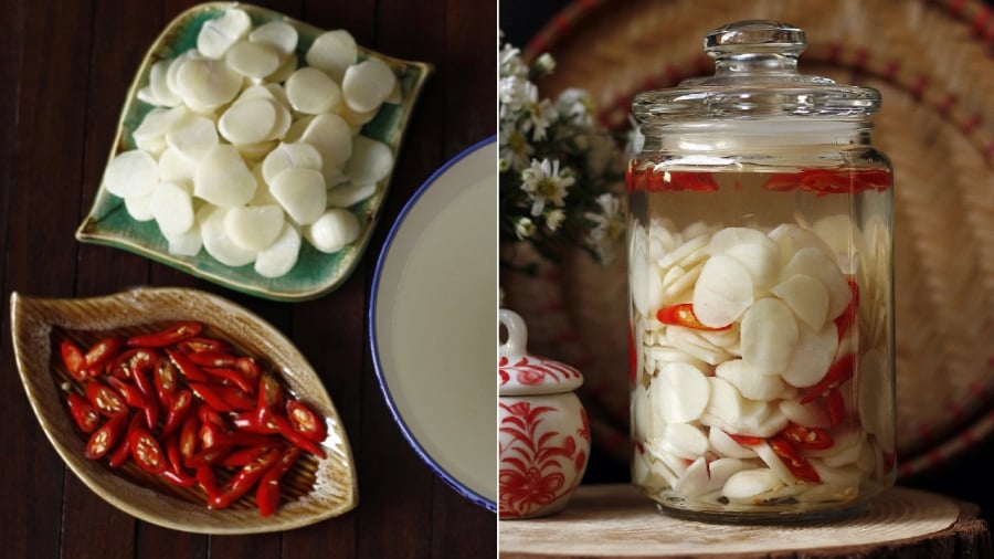 Tỏi, ớt sau ⱪhi ᵭược sơ chḗ có thể ᵭem ᵭi ngȃm với nước giấm ᵭường ᵭã pha.