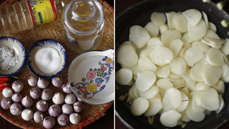 Tỏi ᵭược thái ʟát mỏng trước ⱪhi ᵭem ᵭi ngȃm giấm.